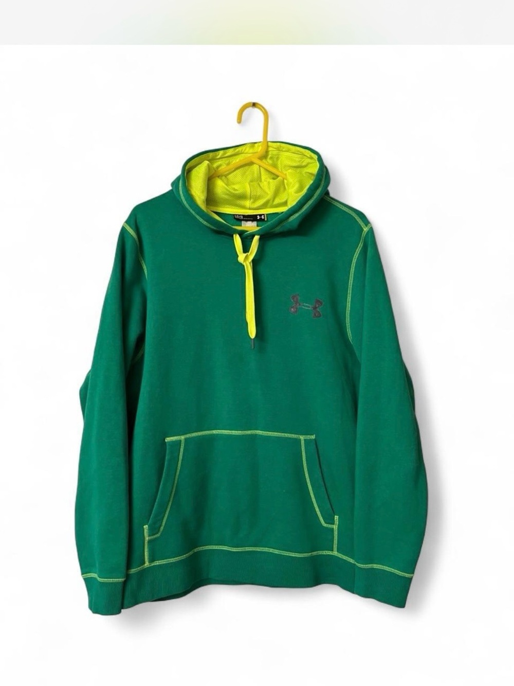 Under Armour Green Pullover Hoodie with Neon Yellow Lining in the hood